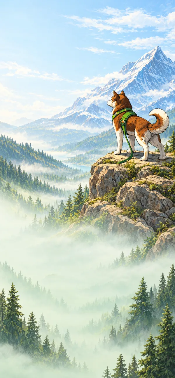 Illustration of a husky with a green harness looking over a misty mountain valley