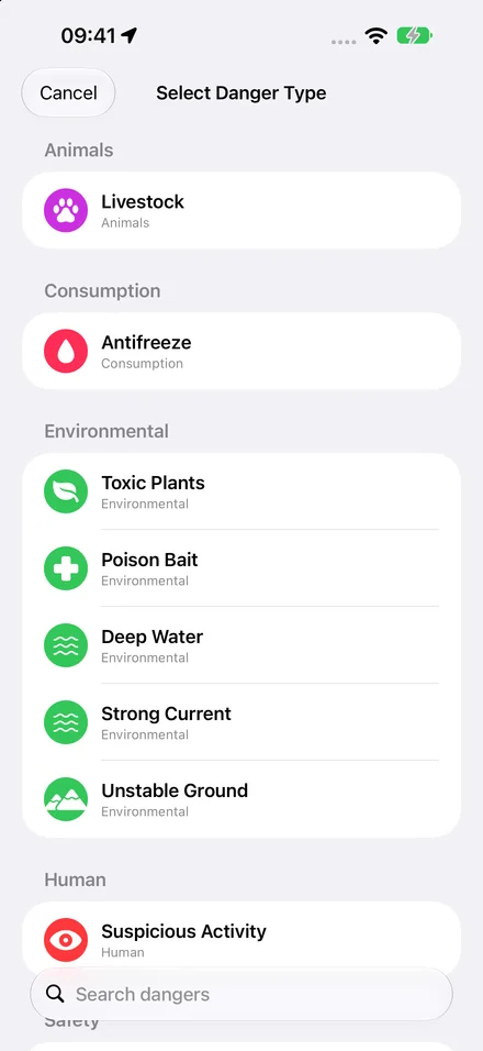 The list of danger types: livestock, antifreeze, toxic plants, poison bait, deep water and more